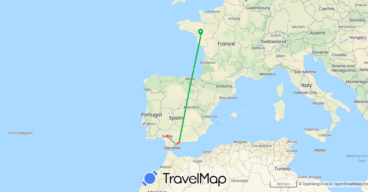 TravelMap itinerary: bus, plane, hiking in Spain, France (Europe)